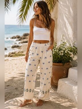 Indefeir Boho Floral Ankle Pants XS Elastic Waist Lightweight
